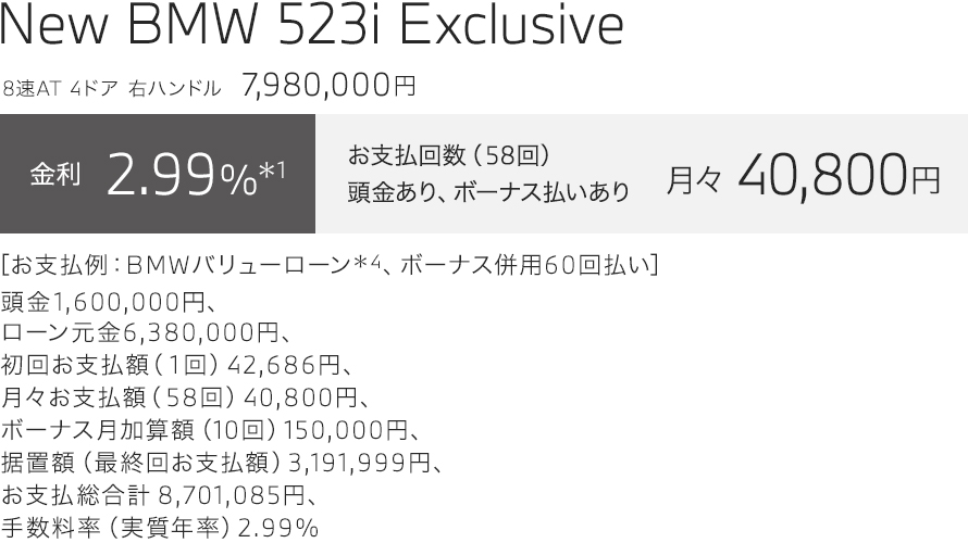 New BMW 523i Exclusive　お支払い例