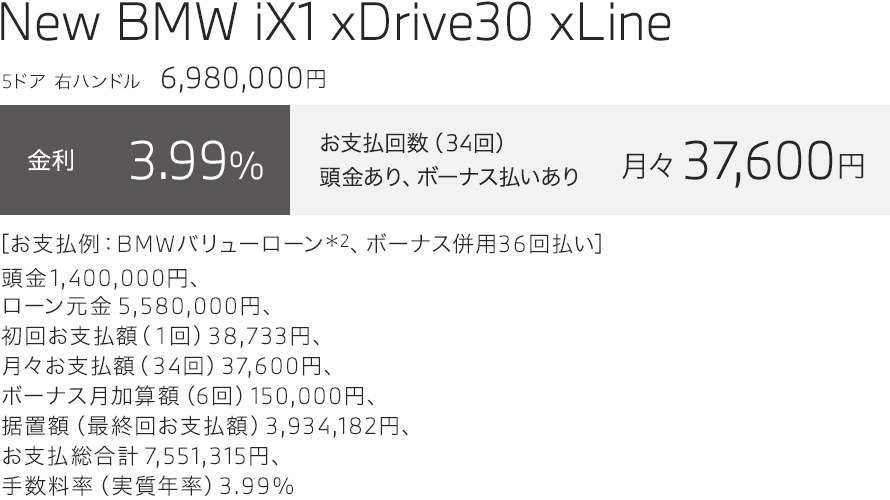 New BMW iX1 xDrive30 xLine　お支払い例