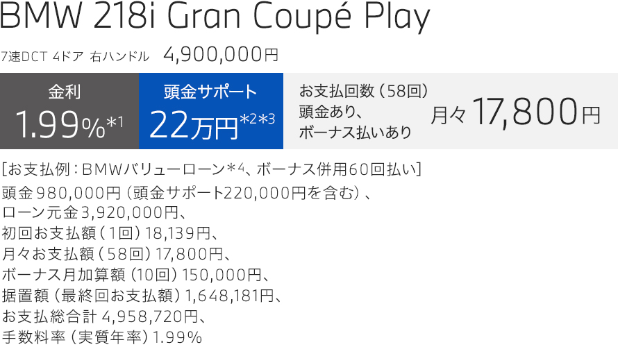 BMW 218i Gran Coupé Play　お支払い例